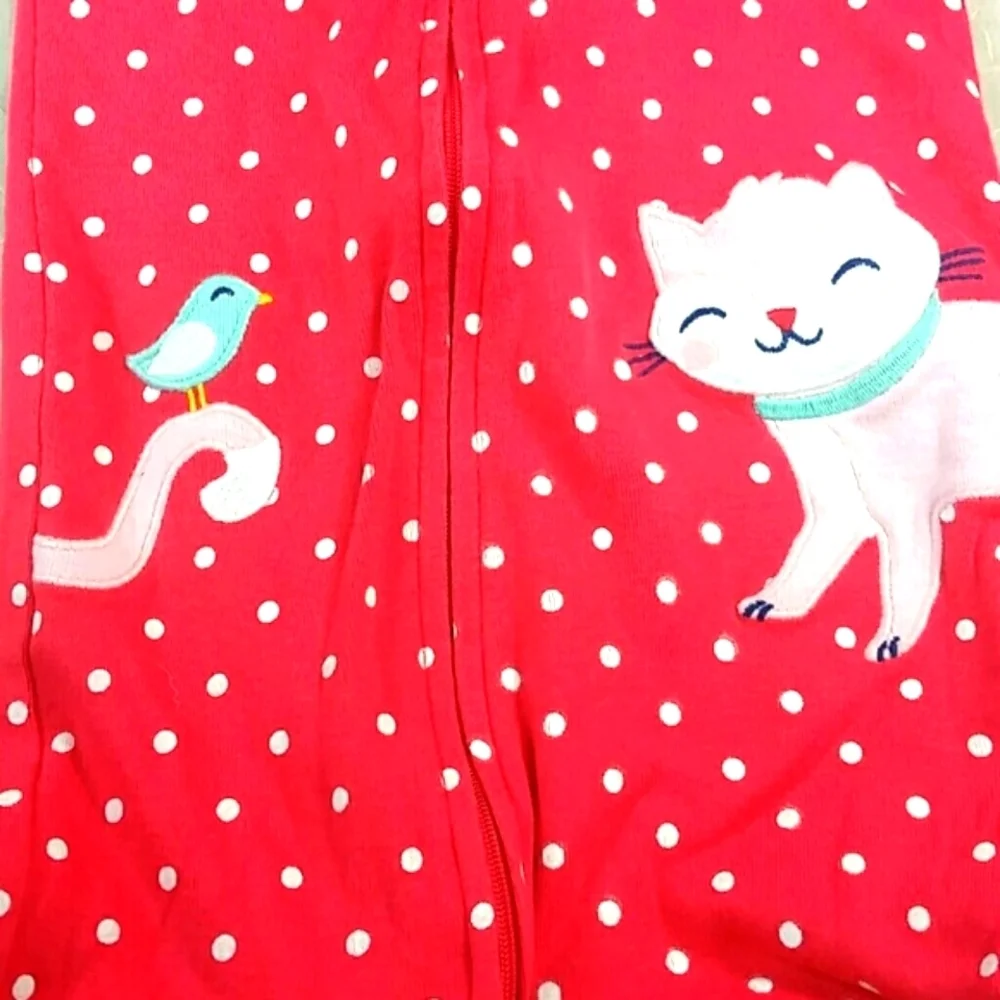 pajamas pj's footie 1 piece kitten kitty red pink polka dot Carters